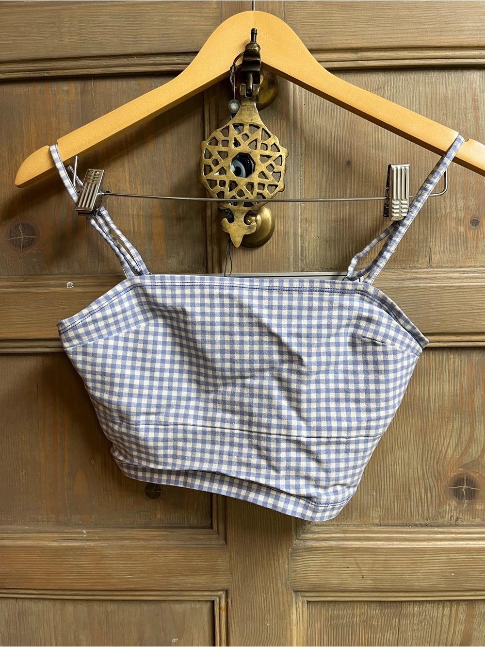 Hollister Blue and White Gingham Square Neck Crop Top